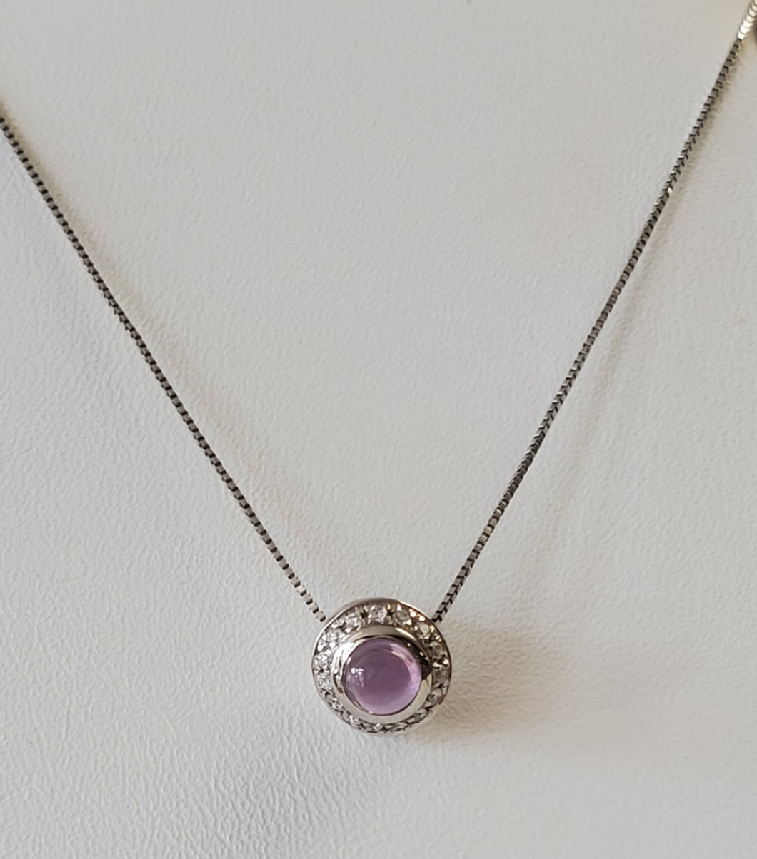 14k white Gold Cabochon Amethyst and Diamond Necklace With Pendant