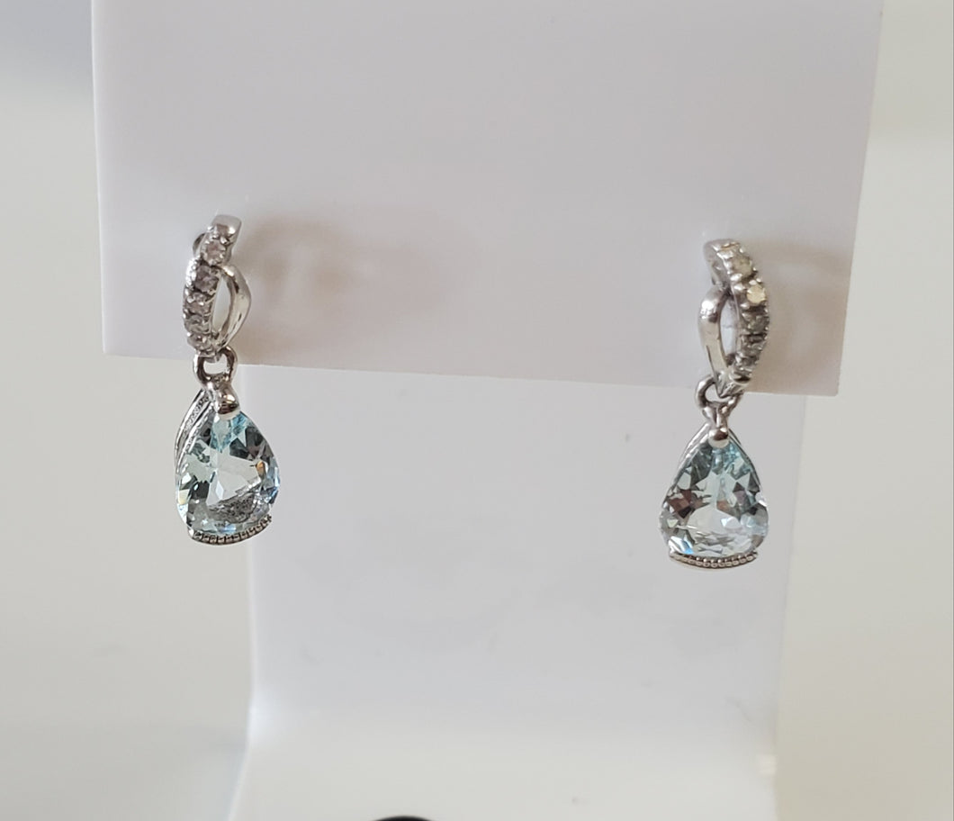 10k White Gold Pear Shaped Aquamarine and Diamond Earrings