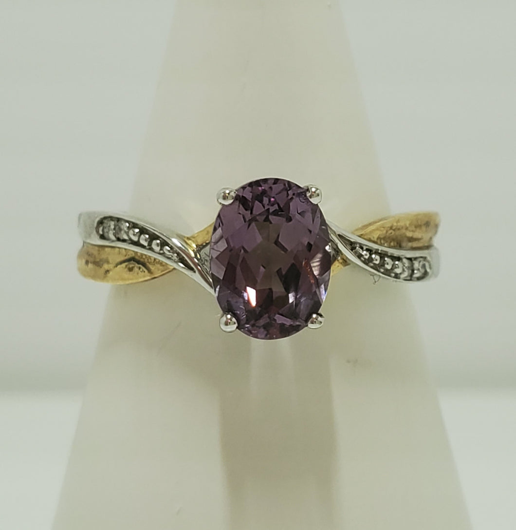 10k Yellow and White Gold Created Alexandrite and Diamond Ring