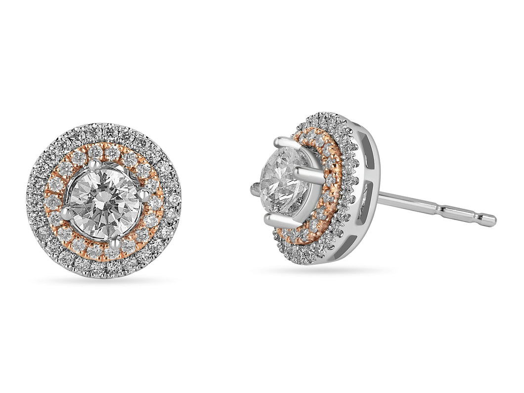 14k White and Rose Gold Double Halo Diamond Earrings
