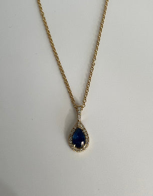 10k Pear Shaped Sapphire and Diamond Halo Necklace