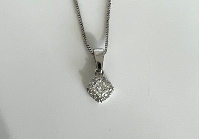 14k Diamond Necklace wit a Princess cut Center stone and Round Diamonds in Halo
