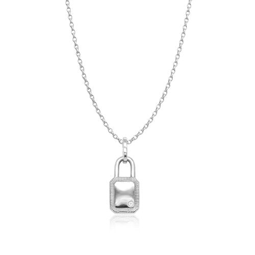 Sterling Silver Cubic Zirconia Framed Lock Necklace 